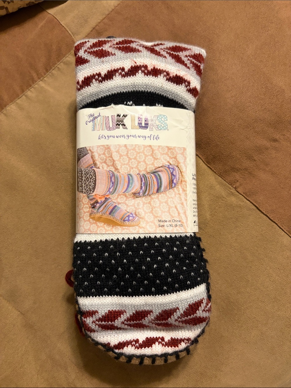 The Original Muk Luks-  Black, White & Burgundy Patterned Gripper Socks. (L/XL)